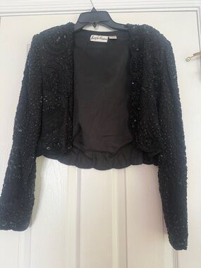 Vintage Judith Ann Creations Black Beaded Cropped Jacket with Scalloped Hem